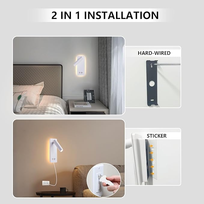 LED Reading Lights Wall Mounted, Plug in Wall Sconces Set of 2, Dimmable Bed Lights for Headboard, Hardwire Wall Lamps for Bedroom, Light for Bedside Hanging for Wall (White)