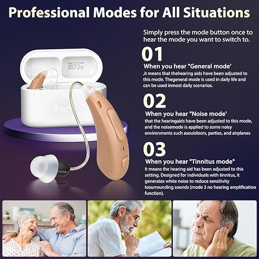 Hearing Aids for Seniors, Rechargeable OTC Hearing Aid Noise Cancelling 16 Channels Nearly Invisible Receiver-in-Canal, Voice Broadcast Function Clear Sound Quality 3 Modes, 6 Levels of Volume Adjustment