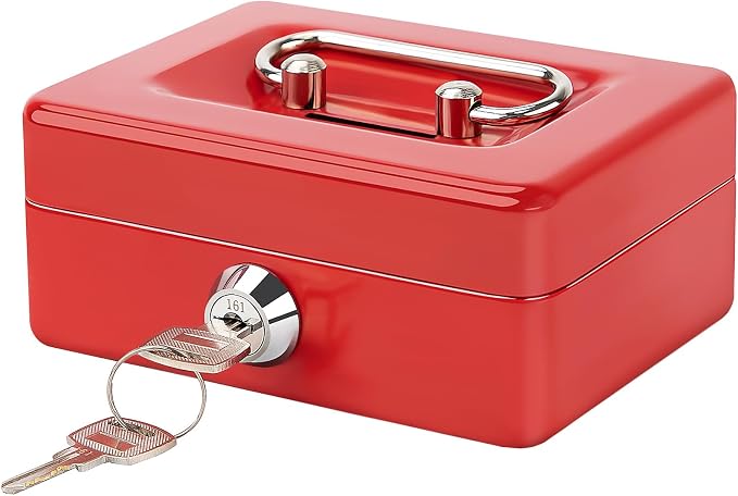 Small Cash Box with Lock and Slot - Jssmst Metal Coin Bank Piggy Bank for Adults and Kids, Red(SMCB0303N)