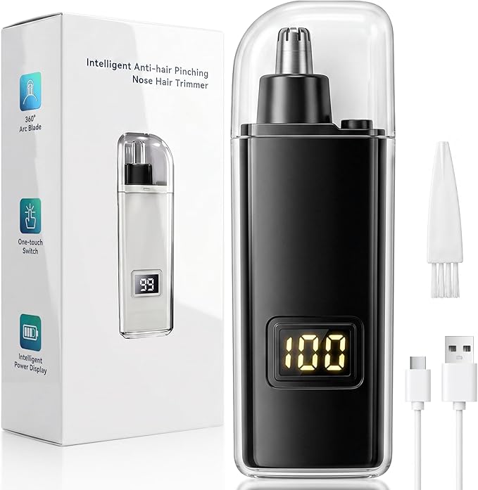 Portable Nose Hair Trimmer for Men Women, Update Ear and Nose Hair Trimmer Clipper, Waterproof Dual Edge Blades Nasal Trimmers with LED Display, USB-C Rechargeable Facial Hairs Remover, Mini Size