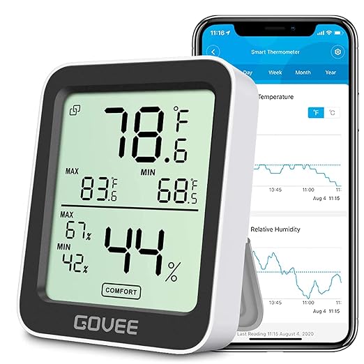 Govee Indoor Hygrometer Thermometer H5075 with Bluetooth App Control | Room Temperature Humidity Meter, 164ft Remote Monitor, Smart Alerts, 2 Years Data Storage Export, for Bedroom Wine Cellar