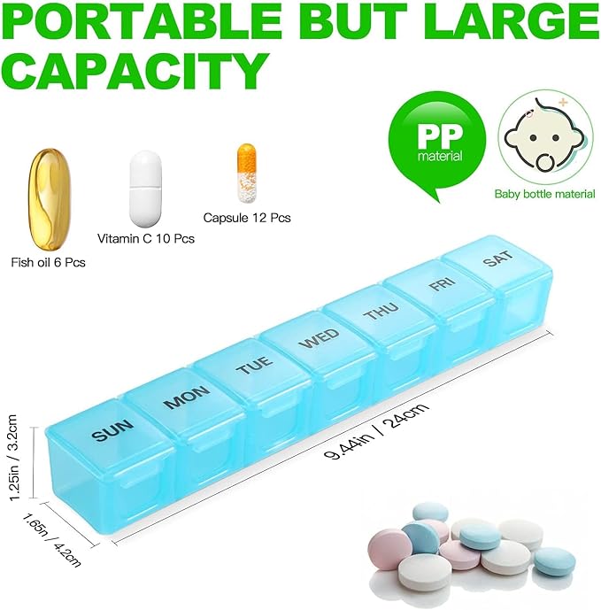 Pill Organizer 2P Blue XL Extra Large Weekly and Daily Pill Cases for Pills/Vitamin/Fish Oil/Supplements - 2P
