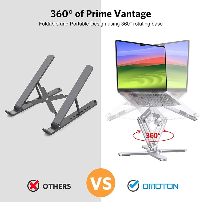 OMOTON LA10 360° Rotating Laptop Stand Riser Foldable for Desk, Silver | Aluminium Aolly, Adjustable Height Angles, Collaborative Work, Easy Storage, Fits Laptops up to 17", for MacBook Pro/Air HP