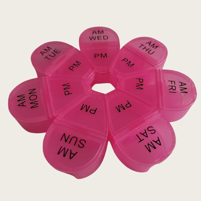 Cute AM PM Pill Organizer 7-Day Vitamins Medicine Box with 7 Color Coded compartments Flower Shaped Weekly Medication Box Twice a Day Portable, Suitable for Travel, Home use.