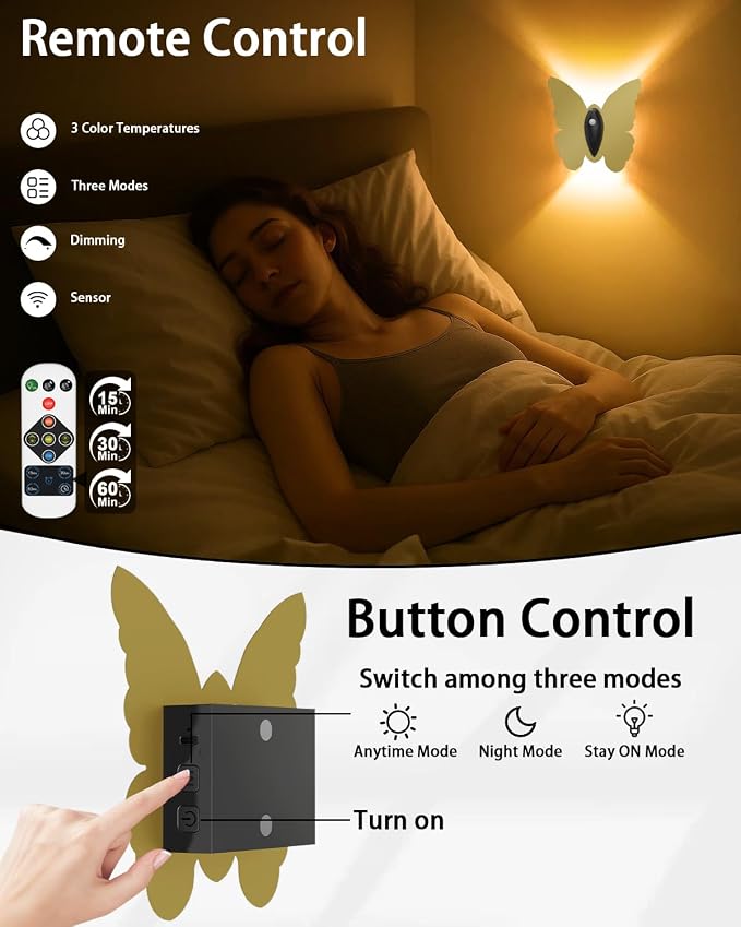 Eneru Motion Sensor Wall Sconce Set of 2, Rechargeable Wall Lights, Indoor | 5000mAh Battery Operated Wall Sconces, Motion Activated, Magnetic Butterfly Night Light for Hallway Stair Closet Pantry, Gold