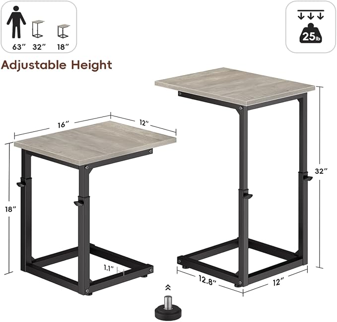 C-Shaped End Table, 33" Tall C Table Adjustable Height Side Table, Small Couch Table with Metal Frame, Slide Under Sofa TV Tray for Living Room, Bedroom, Bedside, Small Spaces, Gray