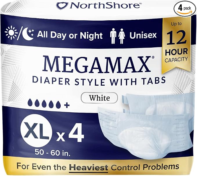 NorthShore MegaMax 12-Hour HBL Adult Diapers for Heavy Bladder Leaks, X-Large, 4 Count, White, 50-60 inches, Tab-Style Incontinence Underwear for Men, Women & Teens