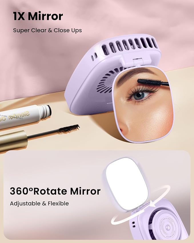 Gaiatop Mini Neck Fan, LED Makeup Mirror, Power Display Portable Fan Purple | 3 Speeds, 360° Rotate Mirror for Handheld Desk Use, Rechargeable Small USB Fan, Personal Cooling Travel Essentials Women Gift
