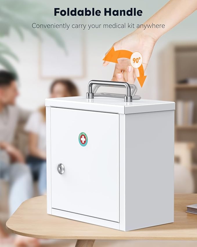 Uniclife Wall Mount Medicine Cabinet with Key Lock & Handle Locking First Aid Cabinet Lockable Medical Cabinet Lightweight Medium Medicine Organizer Secure Steel Wall Cabinet Metal Storage Box, White