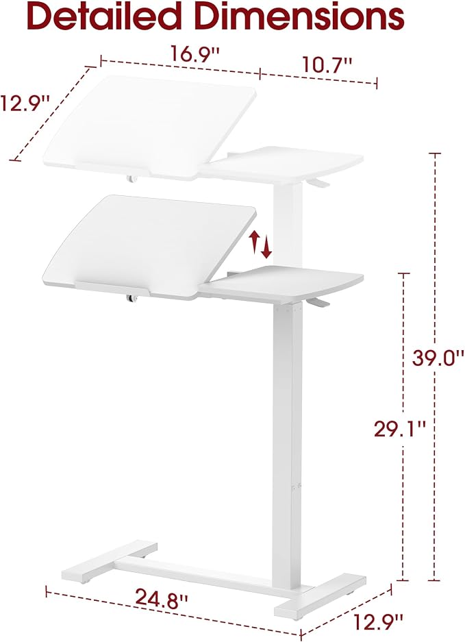 Sakugi Overbed Bedside Table with Wheels, Right-Side Tilt Top, Laptop Desk | Home & Office, Hospital Bed Table, Rolling Bed Tray, Height Adjustable, White,12.9" D × 27.6" W × 29.1"–39" H