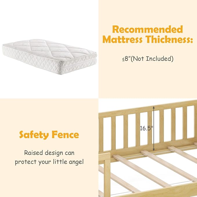 Giantex Twin House Bed with Drawers, Wooden Twin Bed Frame with Cube Storage & Fence Rails, Montessori Beds for Kids Boys, Girls, Bedroom, Living Room, No Box Spring Needed, Natural