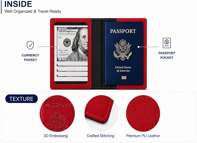 Ciana RFID Passport Holder for Travel – PU Leather Passport Cover and Card Holder for Men & Women – Slim Passport Holder with Card Protector Slot, Travel Must Haves (Red)