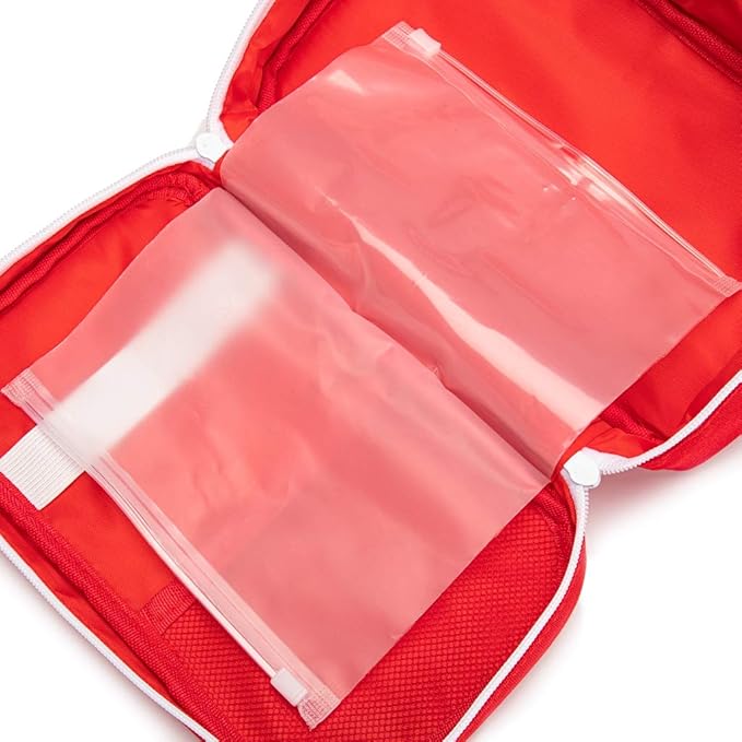Jipemtra Red First Aid Bag Empty Travel Rescue Pouch First Responder Storage Medicine Emergency Bag for Car Home Office Kitchen Sport Outdoors (Red with Handle Green Print)