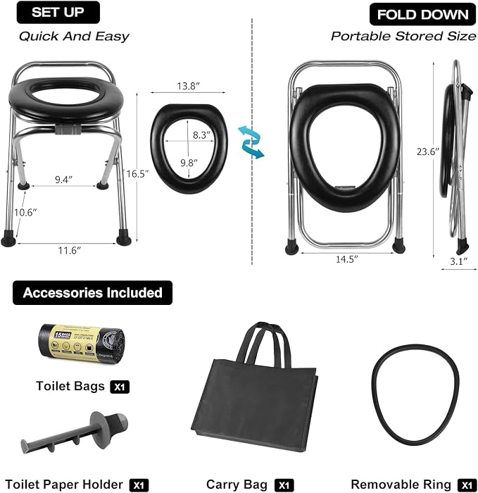 16.5"H Portable Toilet for Camping, 350LB Capacity Stainless Steel Folding Toilet with Soft Seat & Bags, Collapsible Design for RV, Hiking, Road Trips, Boating, Outdoor