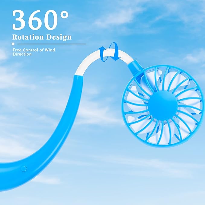 JUANANIUG Portable Neck Fan Rechargeable Personal HandFree Fan Mini USB Wearable Neckband Sport Fan 3 Speed Adjustable 360 Degrees Rotation Perfect for Working Traveling Office Reading (Blue)