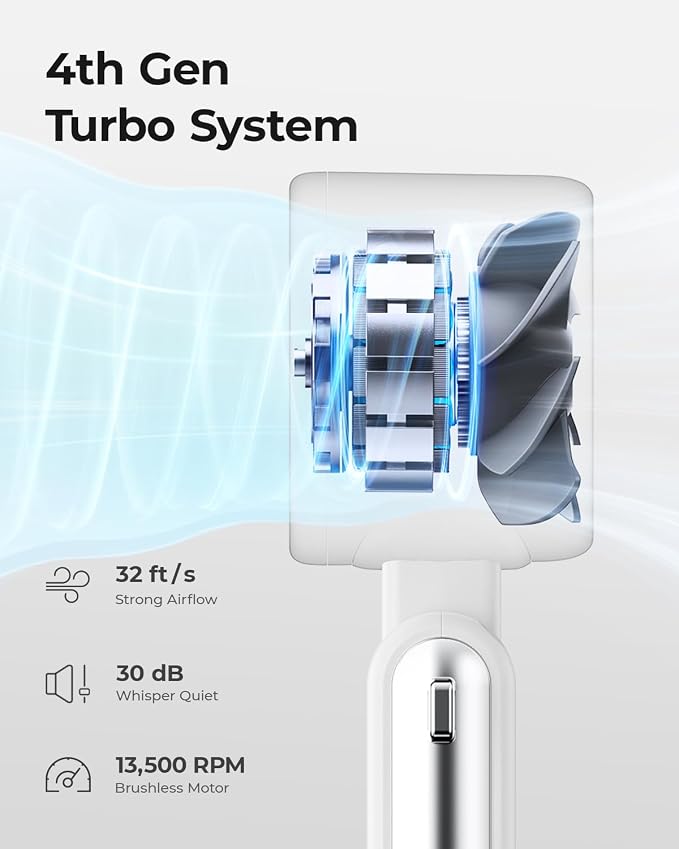 Portable Handheld Turbo Fan - 5 Gear High Speed 4000mAh Rechargeable Mini Personal Hand Fan Blow Cold Air, Battery Operated Travel Essentials, Beach Vacation, Gifts for Women, Men (White)
