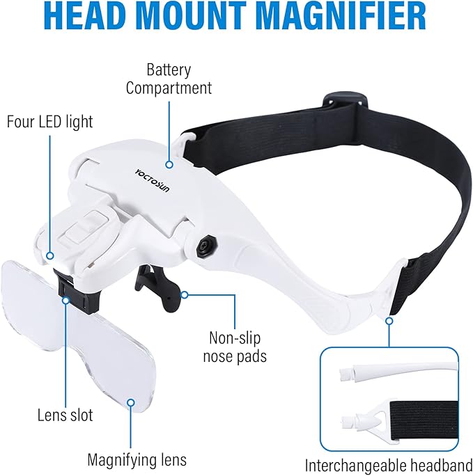 YOCTOSUN Head Magnifying Visor with 4 LED Lights and 5 Detachable Lenses 1X, 1.5X, 2X, 2.5X 3.5X - Hands-Free Headband Magnifier Glass for Jewelry, Arts, Crafts and Close Work