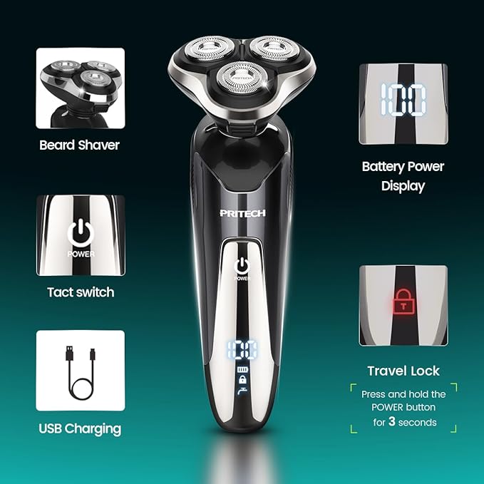 PRITECH Electric Razor for Men Rotary Electric Shavers for Men Cordless | Portable, Wet & Dry Use, Travel Lock, LED Display, IPX6 Waterproof, Lightweight, USB Fast Charging, Gift for Men