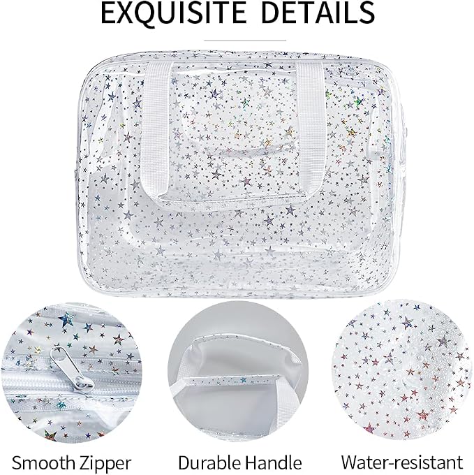 Holographic Star Transparent PVC Cosmetic Bag Clear Makeup Toiletry Carry Pouch Clear Travel Pouch Storage Bag for Vacation Bathroom and Organizing
