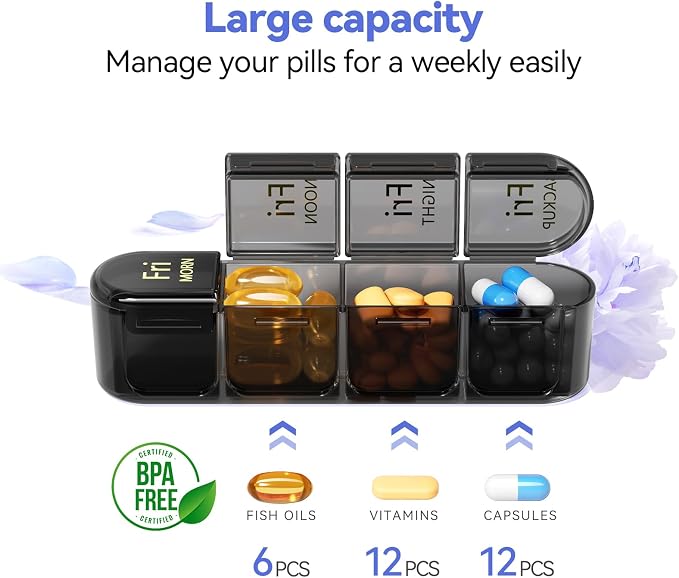 Zoksi Pill Organizer 4 Times a Day, 7 Day Pill Box with Removable Daily Cases, Large Medicine Organizer for Pills, Vitamins and Supplements, Easy Open 180 Degree Lids, Travel Pill Case