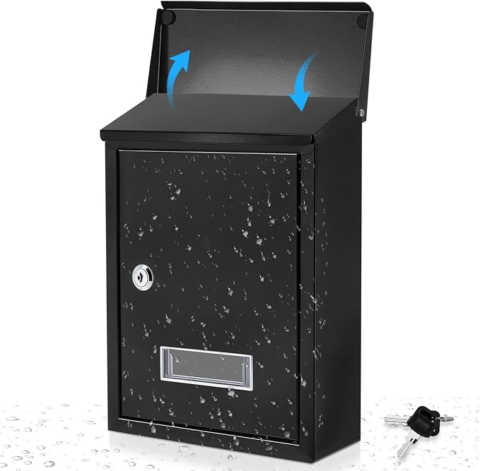 Amylove Weatherproof Mail Boxes with Key Lock, Security Locking Wall Mount Metal Mailbox with Slot for Outside, Large Capacity for Mail, Packages, Donations, Voting 11. 8"h x 8. 3"l x 2. 8"w, Black