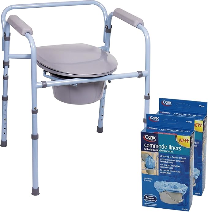 Carex 3-in-1 Folding Bedside Commode with 14 Pack Commode Liners - Porta Potty for Adults - Portable Toilet Supports Up to 300lbs, Bedside Commodes for Seniors and Commode Chair