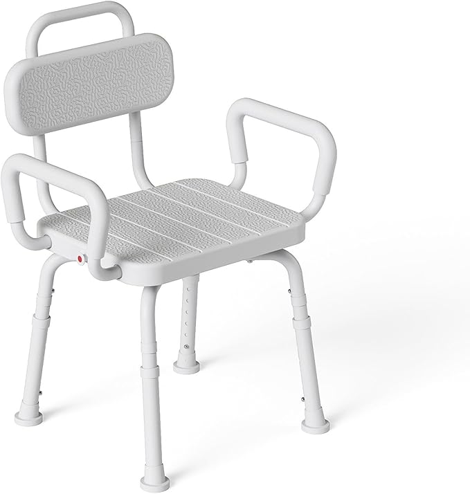 360° Swivel Shower Chair for Inside Shower, Removable Arms & Back, Adjustable Height Rotating Bath Chair for Seniors and Disabled，Tool-Free Assembly，White