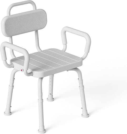 360° Swivel Shower Chair for Inside Shower, Removable Arms & Back, Adjustable Height Rotating Bath Chair for Seniors and Disabled，Tool-Free Assembly，White