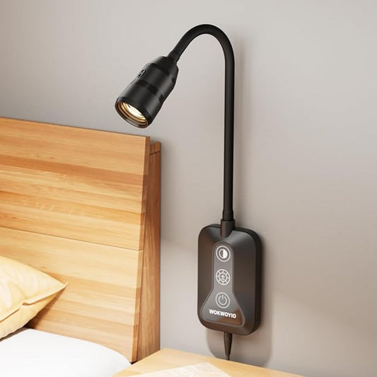 Wall Mounted Reading Light with Hand Sweep Sensor Switch, Book Light for Reading with USB Output, 5 Color & Brightness Dimmable Wall Lights for Bedroom, Wall Lamp with Flexible Neck-Black 1 Pack