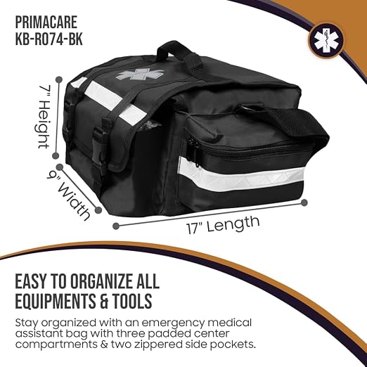 Primacare KB-RO74-BK First Responder Trauma Bag, 17" x 9" x 7", Black — EMT/EMS Medical Supply Organizer with Padded Dividers, Multiple Compartments, Side Pockets, Reflective Strip, Durable Design