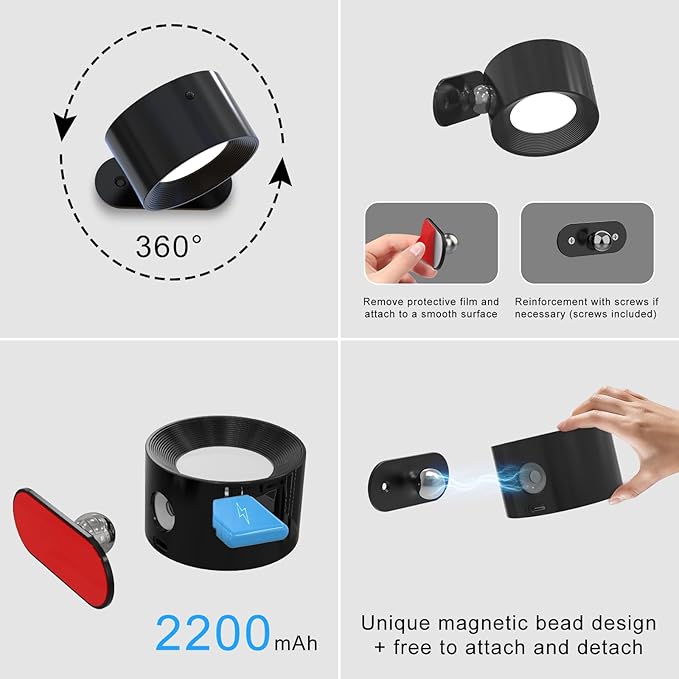 3Pack Battery Operated Wall Sconce, 3 Color Modes 3 Brightness Levels 360°Rotation Lighting Timer Touch & Remote Control, Wall Mounted Lamp LED Wall Lights for Bedroom Reading Bedside (Black)