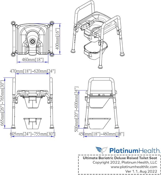 Platinum Health The Ultimate™ Bariatric Raised Toilet Seat, Bedside Commode, Voted#1 Most Comfortable. Padded with Armrests. Adjustable Height. 600lb. Elevated Toilet Seat with Arms.