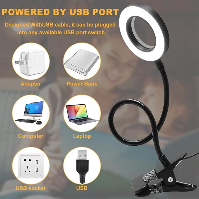 5X Magnifying Glass with Light, 3 Color Modes LED Lighted Desk Lamp, USB Powered Magnifier Lamp with Metal Clamp, Flexible Gooseneck Magnifier for Bed Work Crafts DIY Repair(Black)