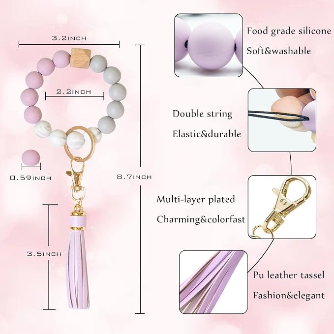 BAOSIWA Silicone Beaded Bracelet Keychain Wristlet Key Ring Bangle Chains for Women with Leather Tassel