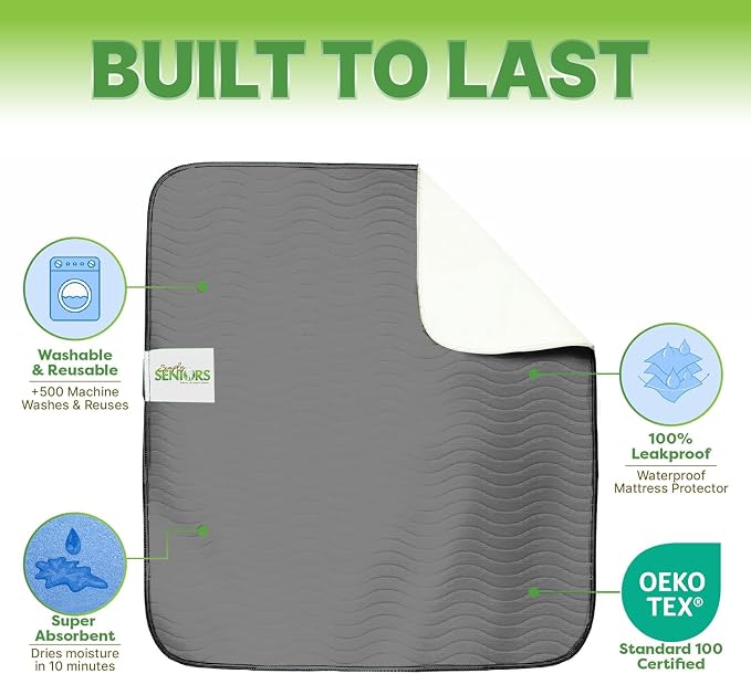 Bed Pads Washable Waterproof 34"x36"- Pack of 4 Grey Incontinence Bed Pads | Washable Pee Pads for Adults - Dementia Products for Elderly & Elderly Assistance Products - Reusable Pee Pads Dogs & Kids