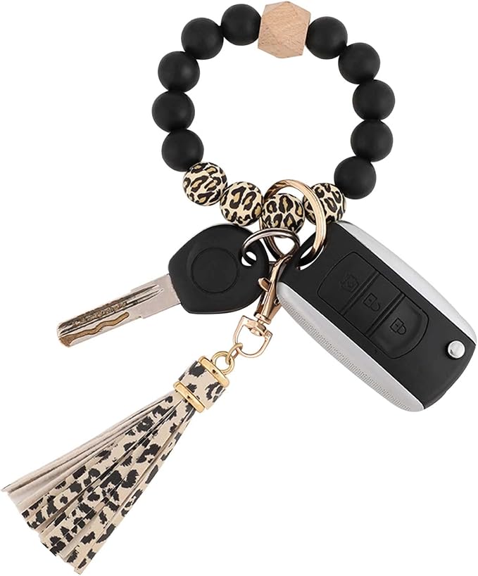 BAOSIWA Silicone Beaded Bracelet Keychain Wristlet Key Ring Bangle Chains for Women with Leather Tassel