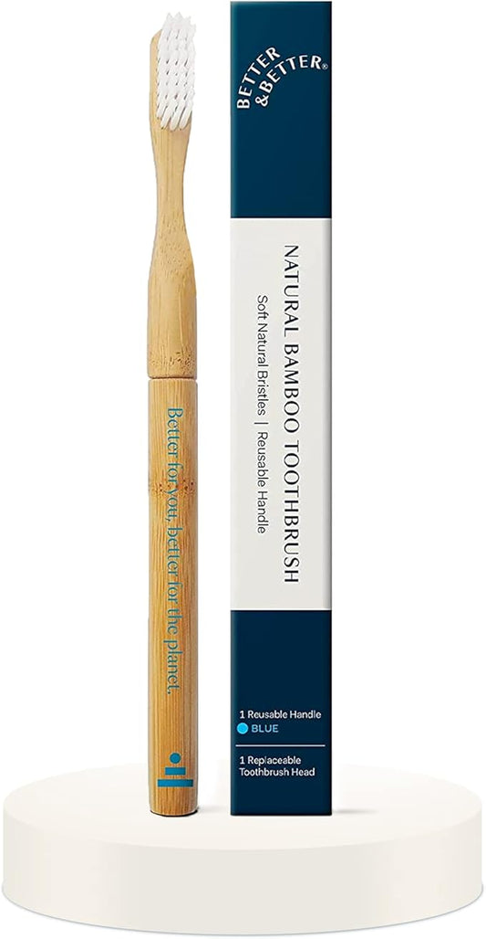 Better & Better Natural Bamboo Toothbrush | Soft Bristles | 100% Plant-Based | Reusable Handle and Replaceable Brush Head | Eco-Friendly, Zero Plastic | Adult Size, Blue