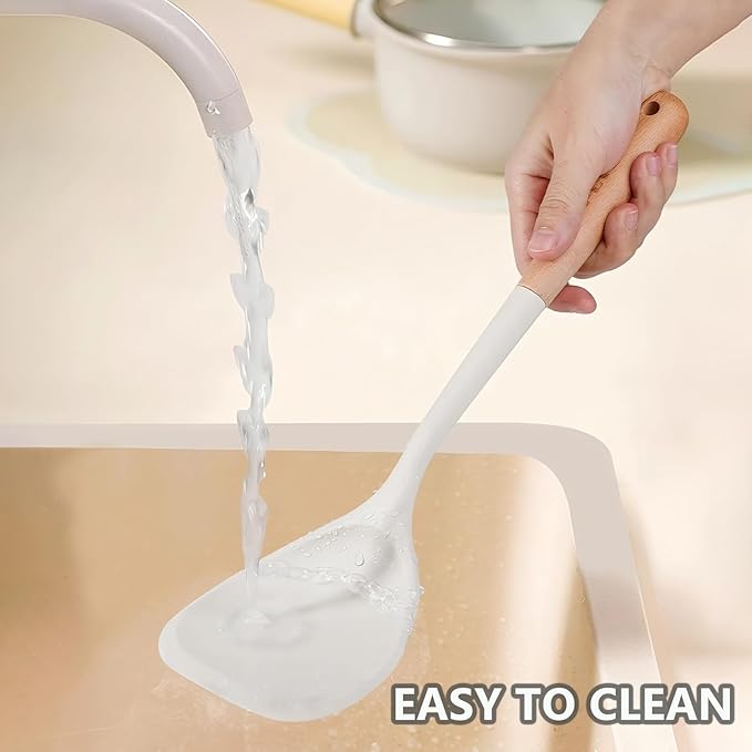 Silicone Cooking Utensils Set 5 Pcs Large Non-Stick Kitchen Utensils Set, Wooden Handle Heat Resistance Turner Soup Ladle Spoon Silicone Cooking Kitchen Gadgets BPA Free for Nonstick Cookware