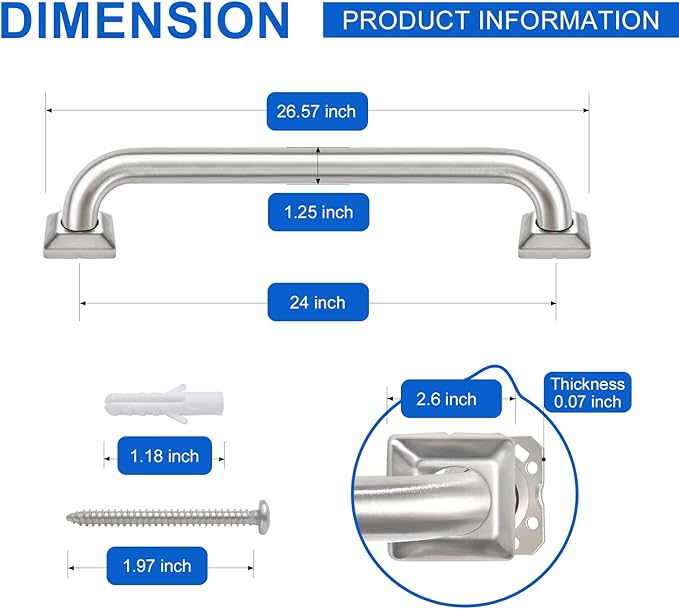 Bathroom Grab Bars Stainless Steel Handrail ADA Compliant 500lbs bathtubs and Showers Toilet Handle Safety for Handicap, Elderly, Disabled, Injury (24inches 2 Pack)