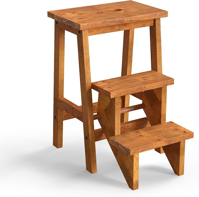Costzon Folding 3 Step Stool, 3 in 1 Wooden Step Ladder with Handle, Non-Slip Pedal, Multifunctional Storage Shelf, Flower Rack for Kitchen, Library, Garage, Foldable Step Stool for Adults Kids