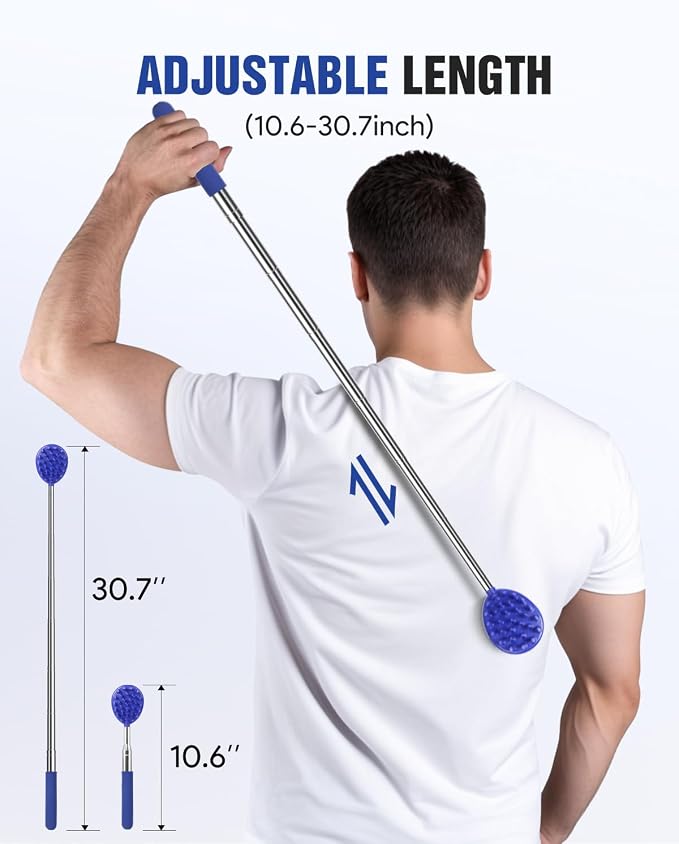 Telescoping Back Scratcher with 5 Detachable Heads, Gifts for Men, Blue | 10-31'' Reach,Stainless Steel, Non-Slip Grip, Birthday Gifts for Men Women, Christmas Stocking Stuffers, White Elephant Gifts