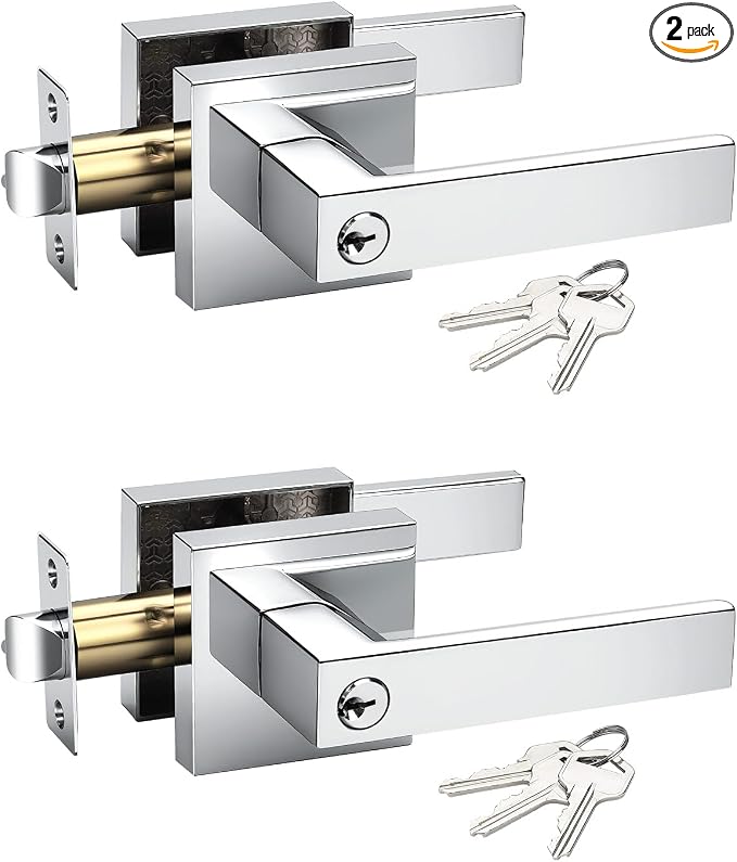 KNOBWELL 2 Pack Keyed Entry Door Handle with Lock and Key, Polished Chrome Keyed Alike Door Handles for Front/Entrance/Bedroom