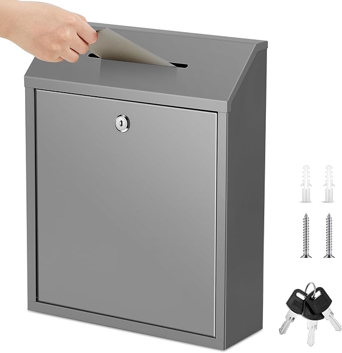 Yaocom Metal Money Box,Gray,15 x 12 x 4 Inch,No Lid | Wall Mounted Drop Donation Cash Box for Farm Stand Collection Safe Suggestion Box with Lock Container for Home Office Outdoor
