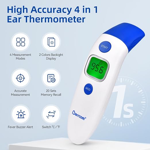 Berrcom 3-in-1 Forehead & Ear Thermometer for Adults and Kids | Touchless digital with fever alert, backlight LCD, non-contact indoor use, fast accurate for baby & child