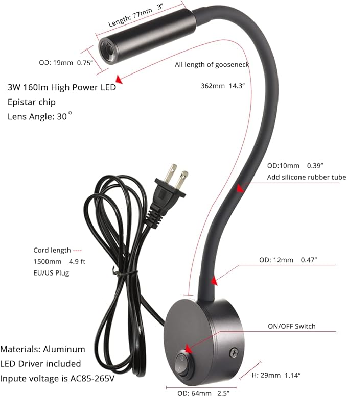 Black Bed Reading Lamps Sconce Wall Mounted Working Focus Light Bedside Headboard Flexible Gooseneck Corded Home Hotel use