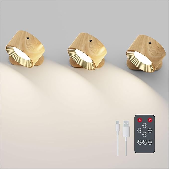 3PACK Romote LED Wall Sconce - Rechargeable Wall Light, 3 Colors & 3 Brightness Levels, 360° Magnetic Rotating Head, Bedside Reading Lamp, Easy Install Battery Operated Lamp Wood