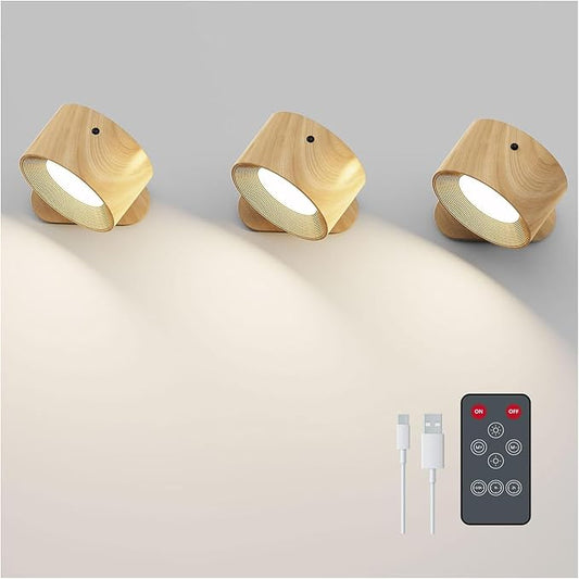 3PACK Romote LED Wall Sconce - Rechargeable Wall Light, 3 Colors & 3 Brightness Levels, 360° Magnetic Rotating Head, Bedside Reading Lamp, Easy Install Battery Operated Lamp Wood