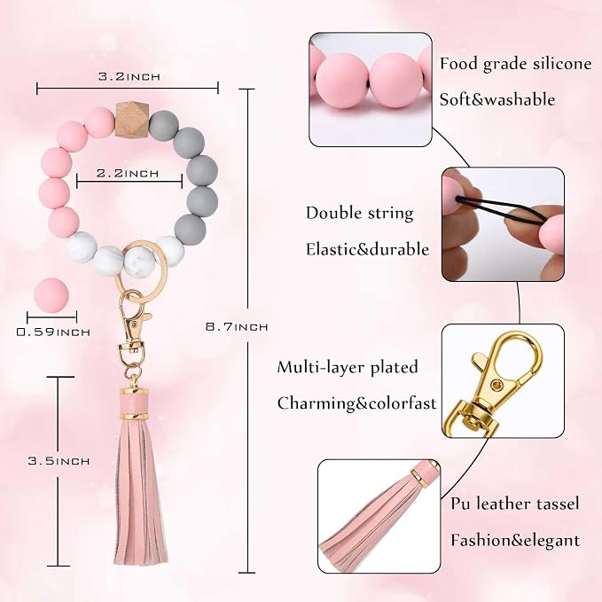 BAOSIWA Silicone Beaded Bracelet Keychain Wristlet Key Ring Bangle Chains for Women with Leather Tassel