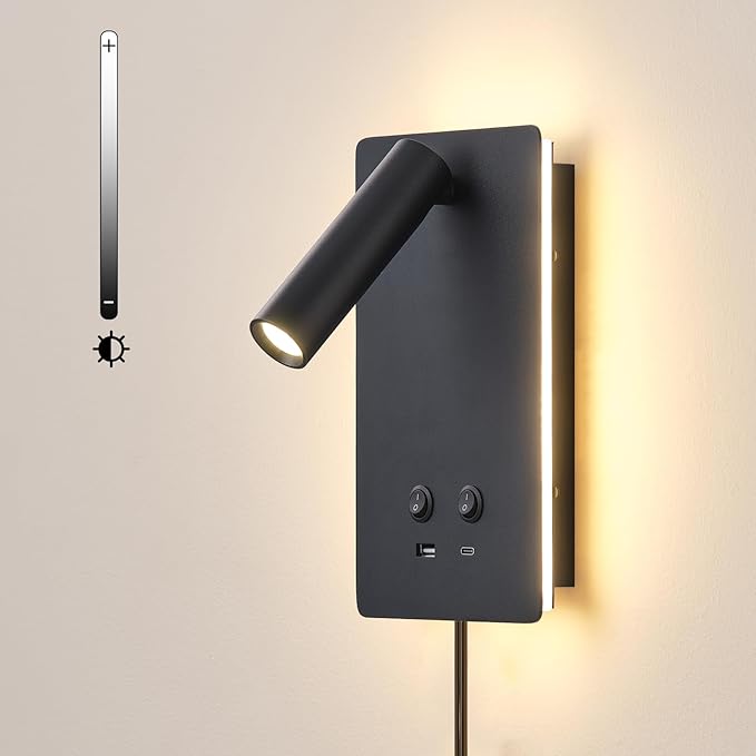LED Reading Light Wall Mounted Lamp with 3 Brightness Dimmable & USB C+A Ports, Black Bedside Wall Lamps for Bedroom, Wall Sconce with Switch, Bed Lights for Headboard, Hotel, Bunk Bed, Dorm