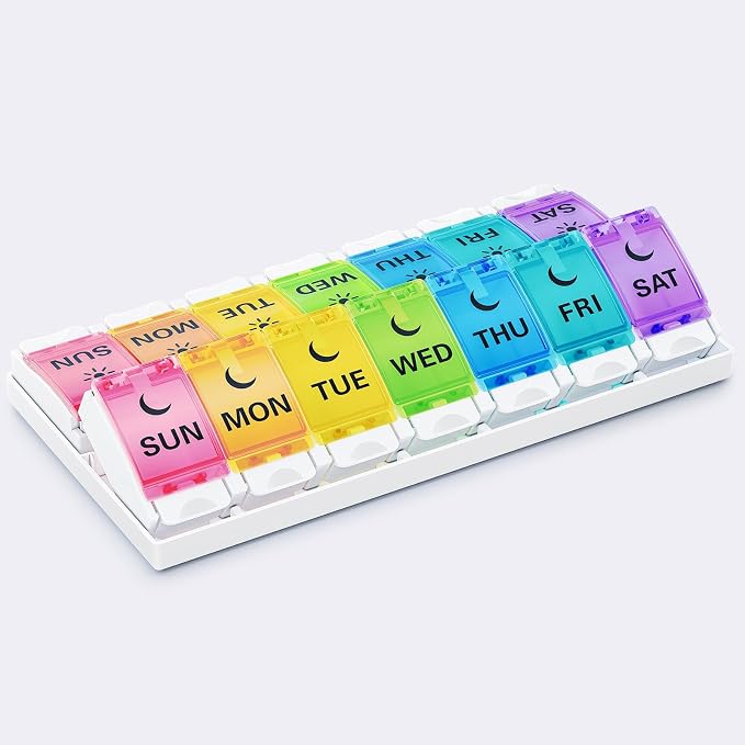 BUG HULL Weekly Pill Organizer 2 Times a Day Arthritis Friendly, AM PM Pill Organizer 7 Day with Easy Push Design, Daily Pill Organizer for Medicine, Pill Box 7 Day for Vitamin, Supplements
